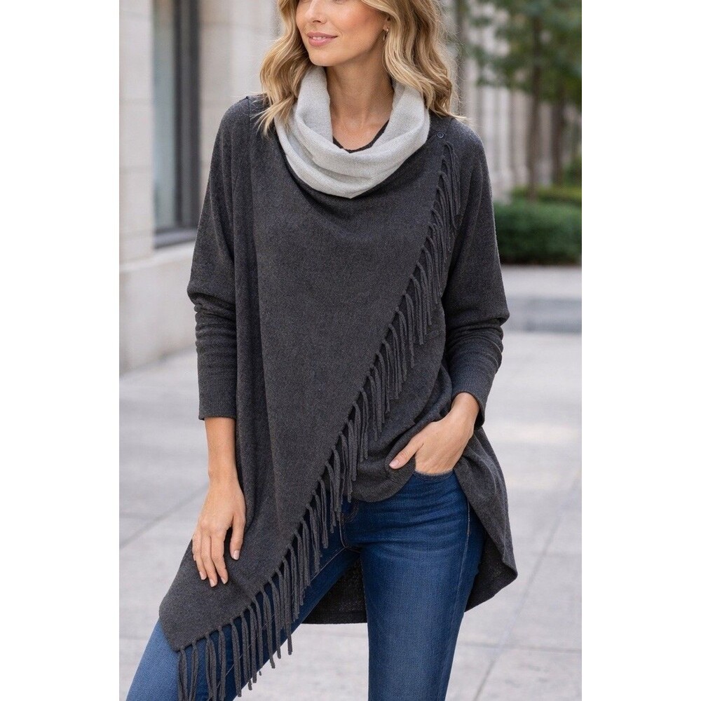 Metric Fringed Shawl Ruana Size Small Gray Lagenlook Cozy Neutral Minimalist
